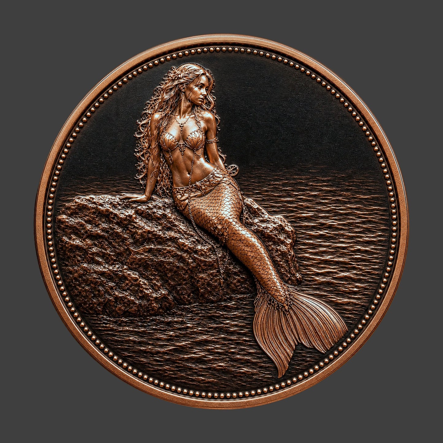 A copper finished, resin sculpted novelty coin of a beautiful mermaid