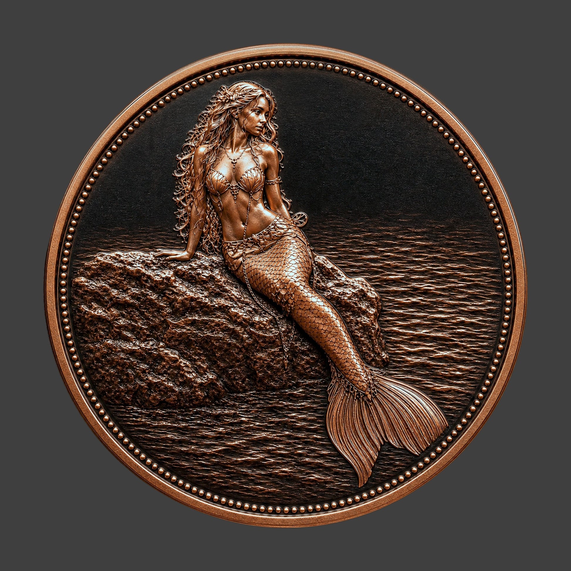 A copper finished, resin sculpted novelty coin of a beautiful mermaid