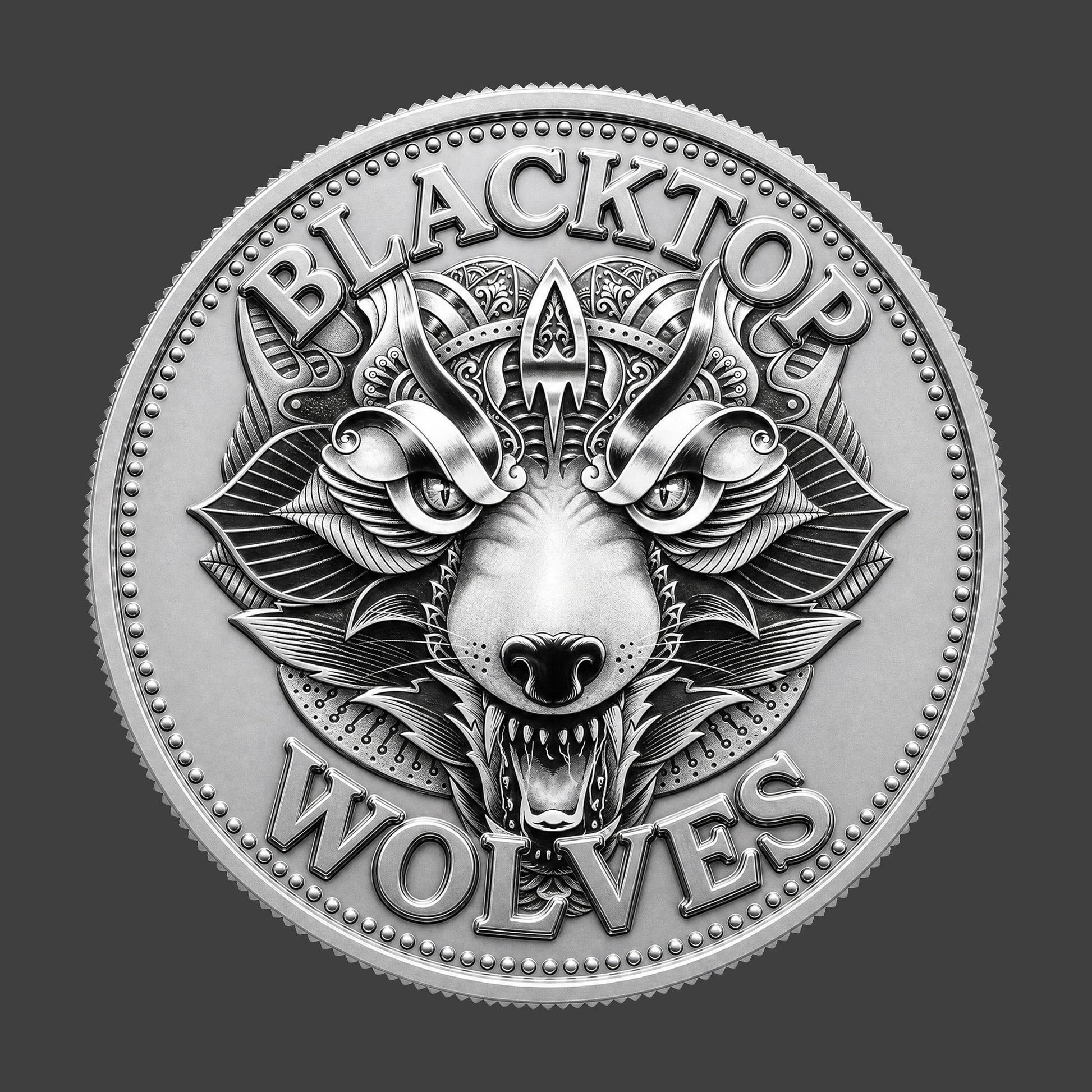 A biker club coin with a wolf logo