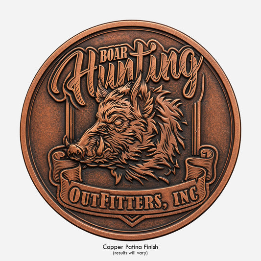 A boar hunting company logo on a coin