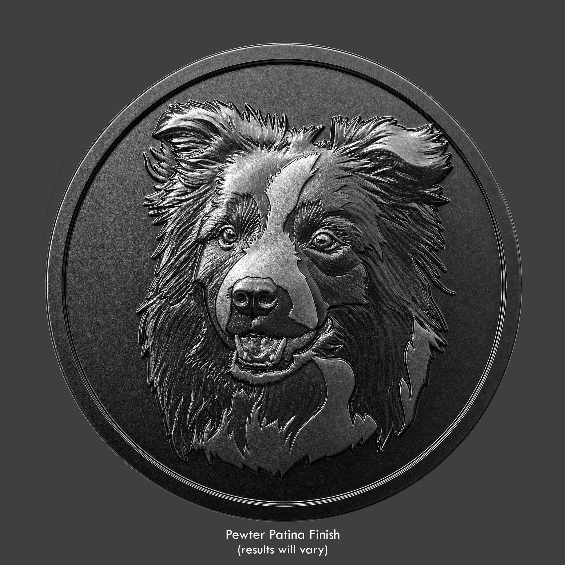 A pewter finished, resin sculpted coin of a border collie