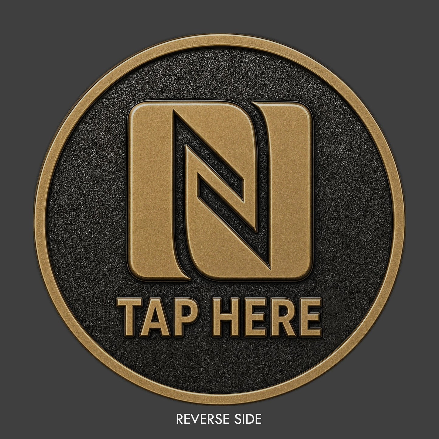 A brass TapCoin with an NFC logo