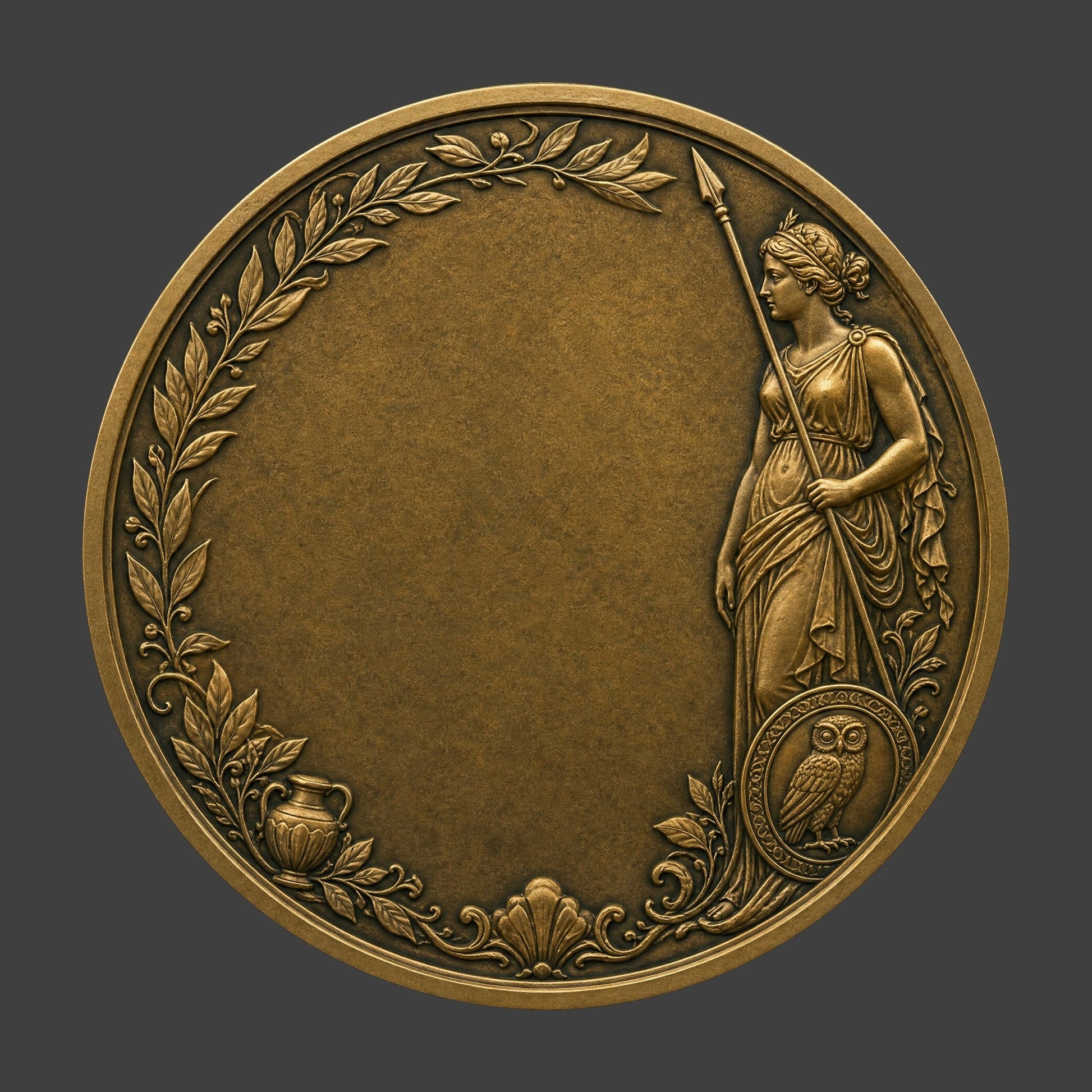 Bronze medallion with classical design on a dark background