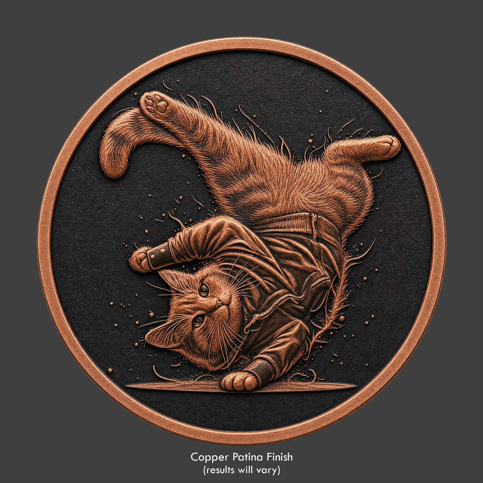 A copper finished, resin sculpted novelty coin of a a break-dancing cat