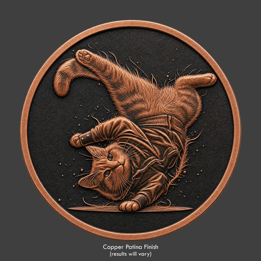 A copper finished, resin sculpted novelty coin of a a break-dancing cat