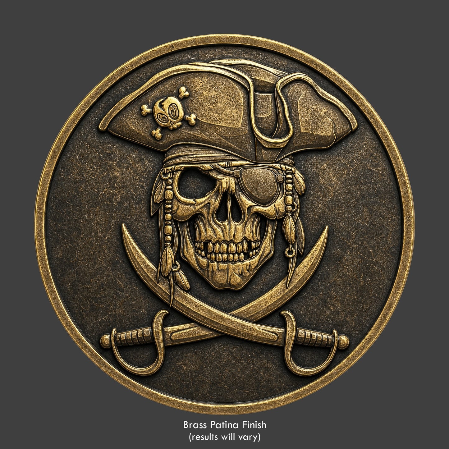 A pirate buccaneer brass patina coin