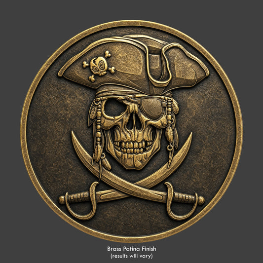 A pirate buccaneer brass patina coin