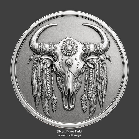 A pewter finished, resin sculpted coin of an indian buffalo skull