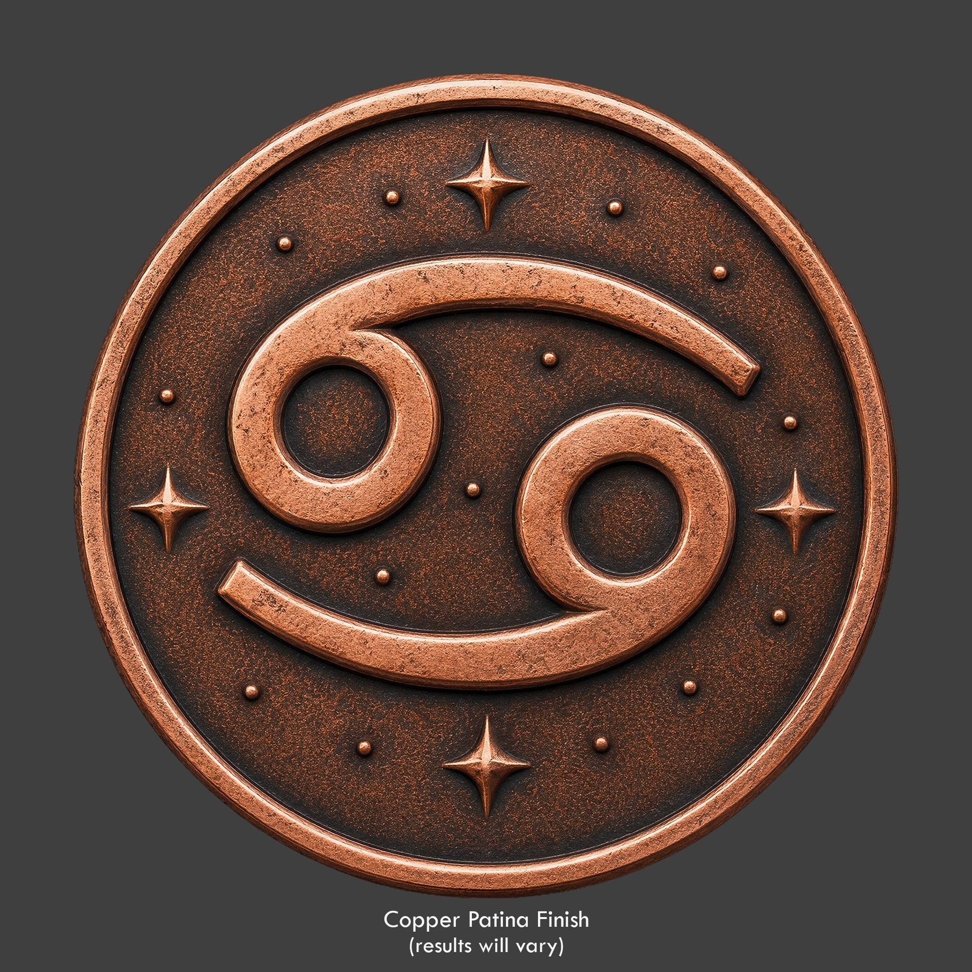 A Cancer Zodiac symbol on a copper patina coin