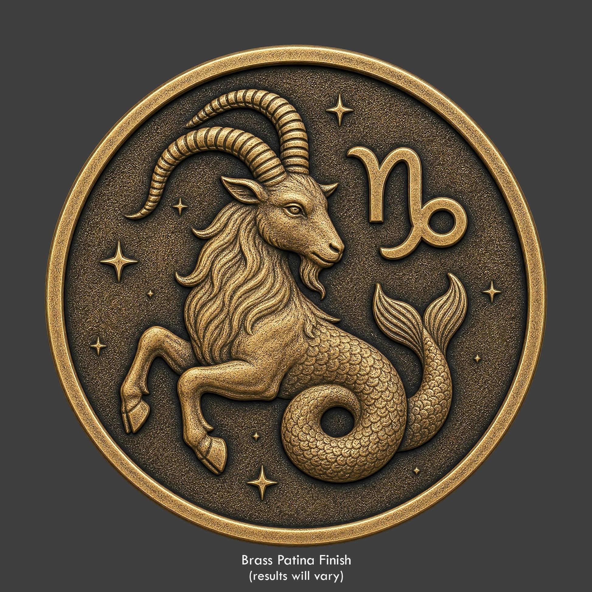 A Capricorn Zodiac symbol on a brass patina coin