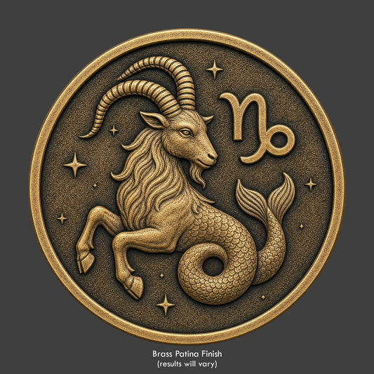 A Capricorn Zodiac symbol on a brass patina coin
