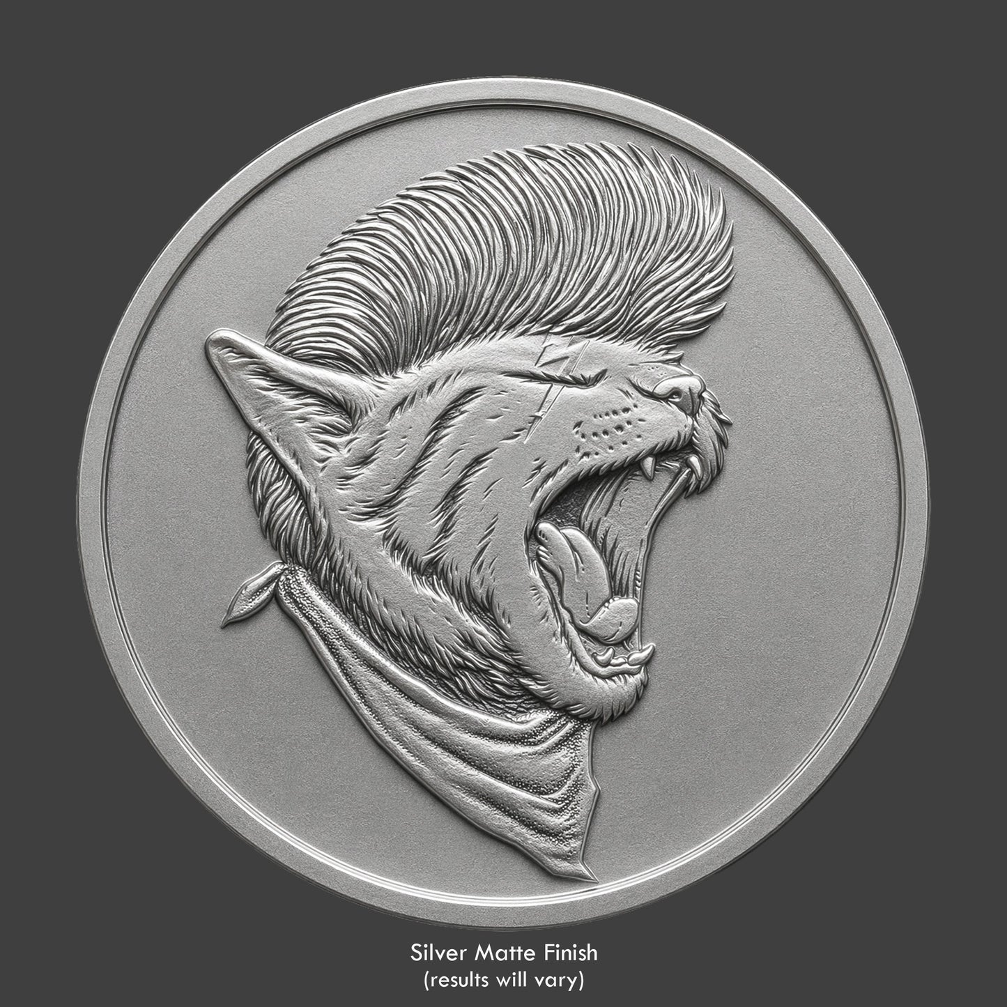 A punk cat rocker on a matte coin