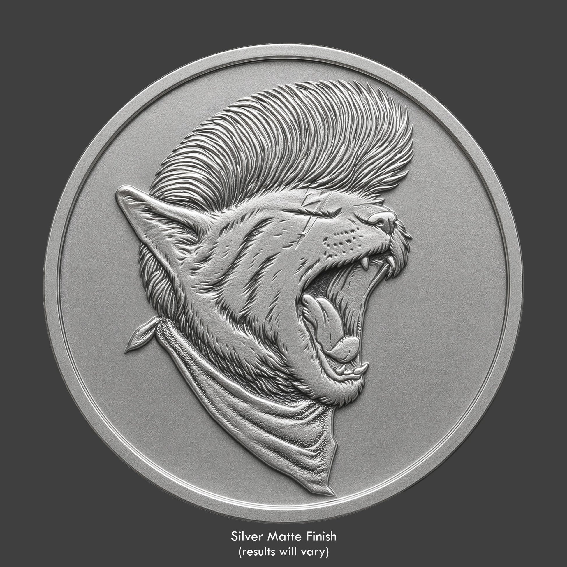 A punk cat rocker on a matte coin