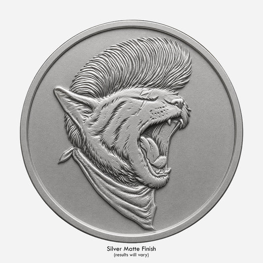 A punk cat rocker on a matte coin