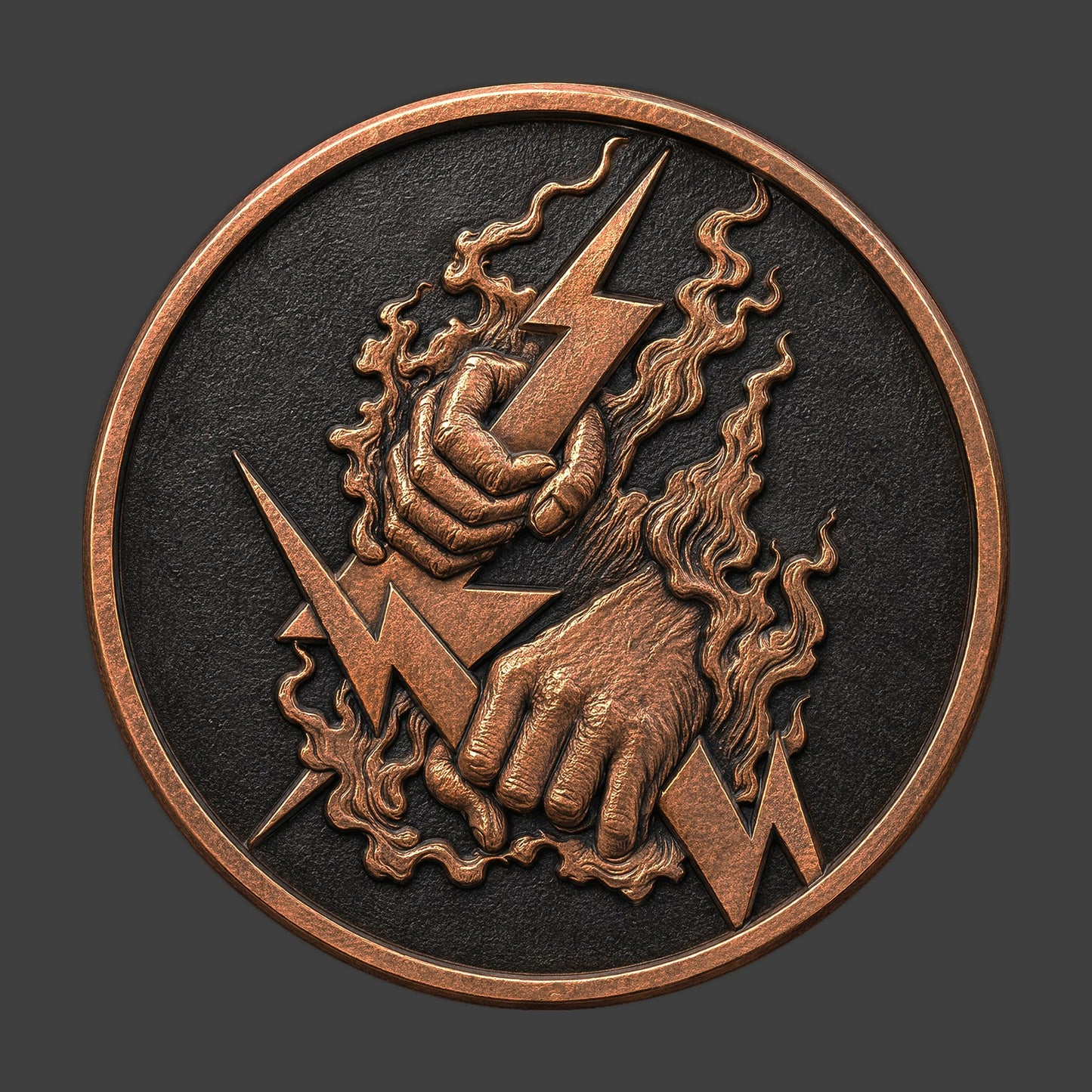 A copper finished, resin sculpted coin of a lightning bolts