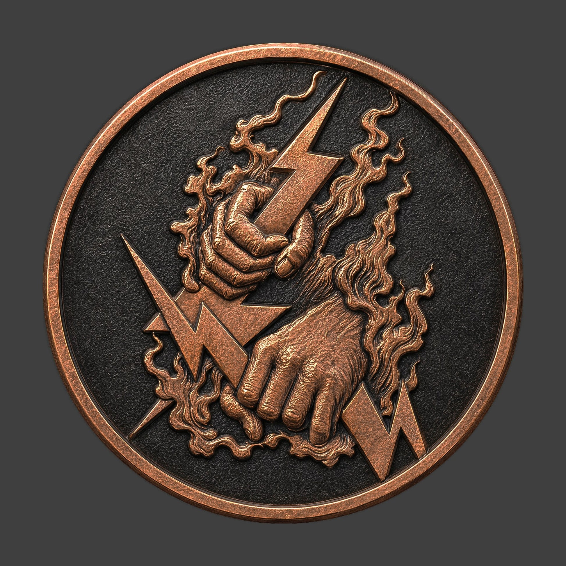 A copper finished, resin sculpted coin of a lightning bolts
