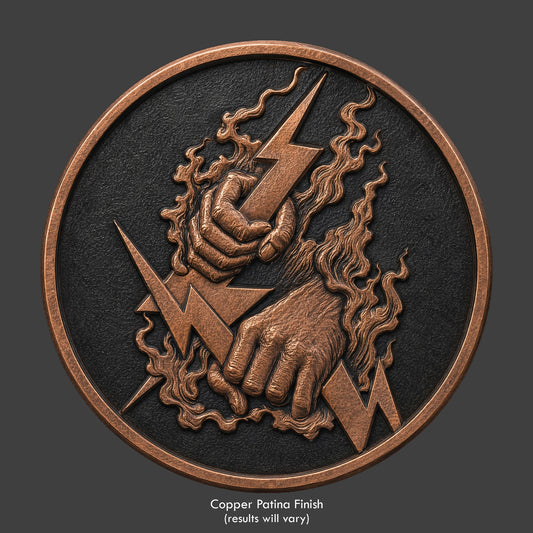 A copper finished, resin sculpted coin of a lightning bolts