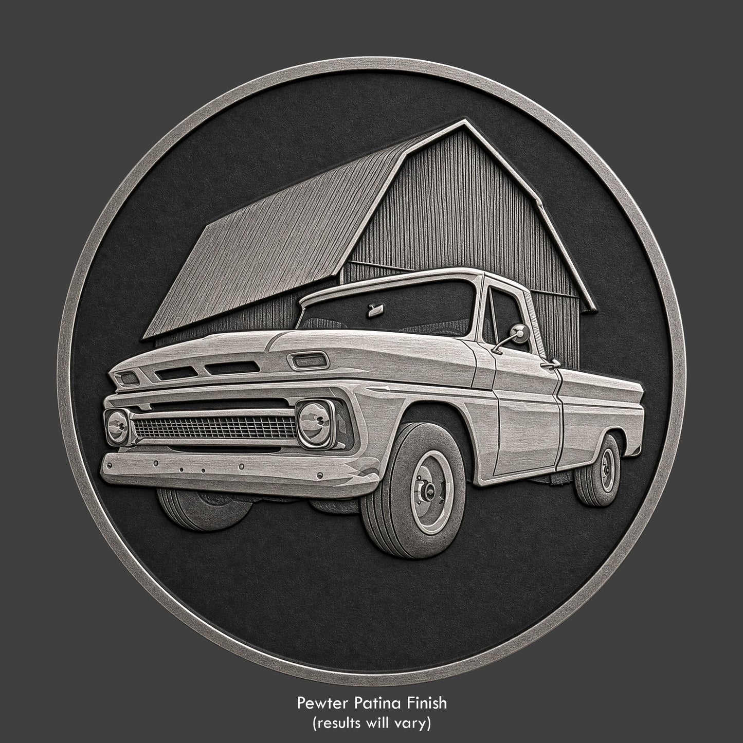 A pewter finished, resin sculpted coin of a Chevy C10 pickup