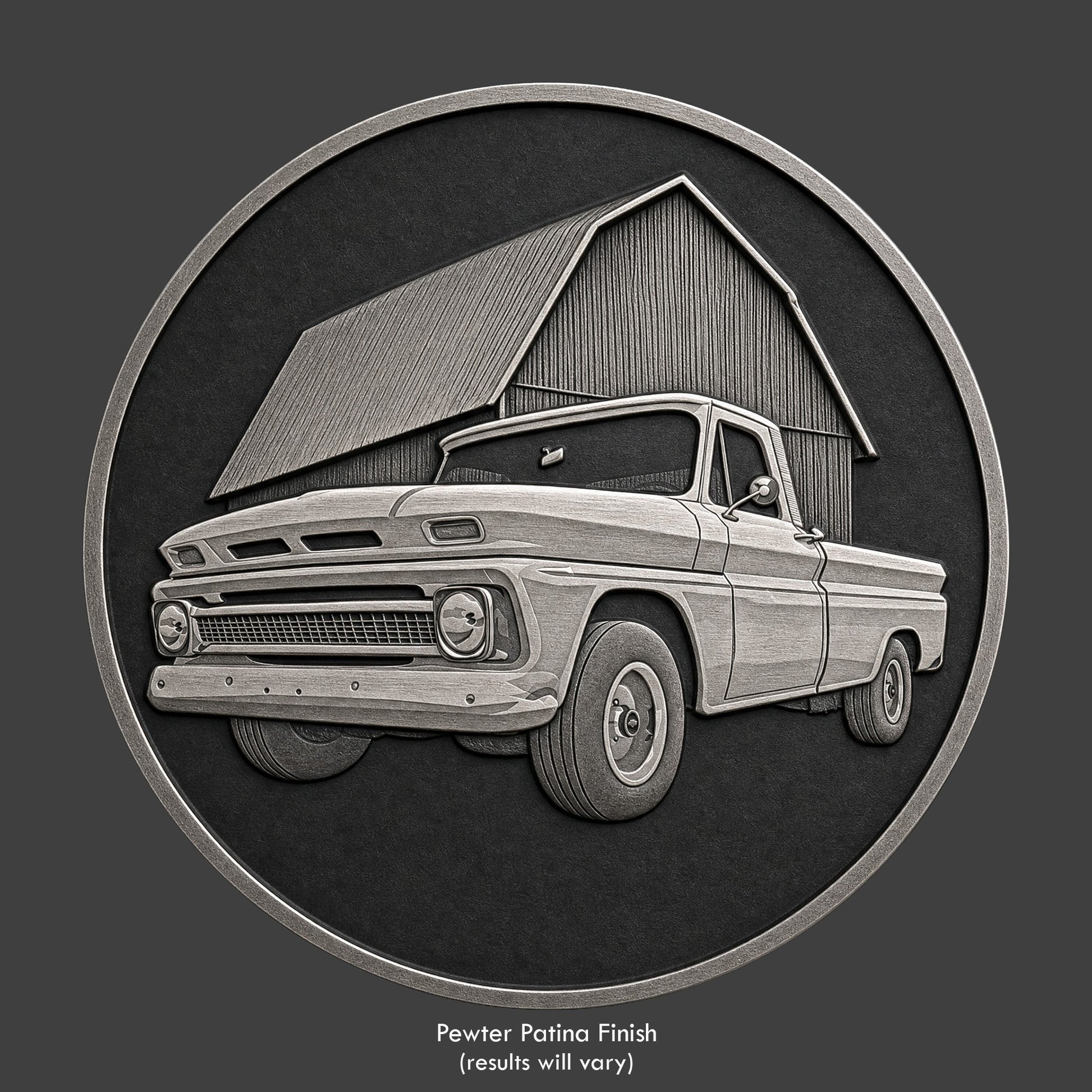 A pewter finished, resin sculpted coin of a Chevy C10 pickup