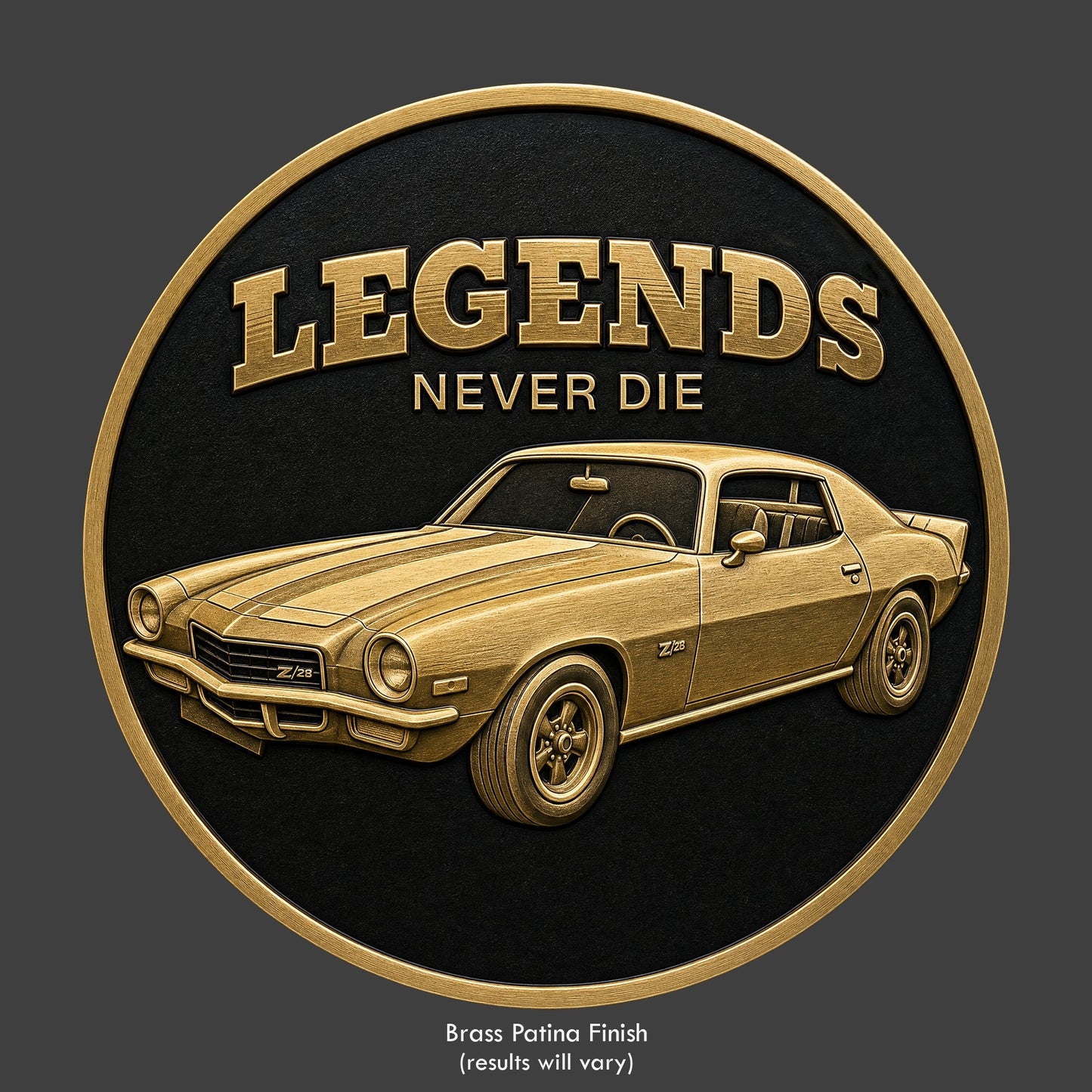 A pewter finished, resin sculpted coin of a Chevy_Camaro_Z28