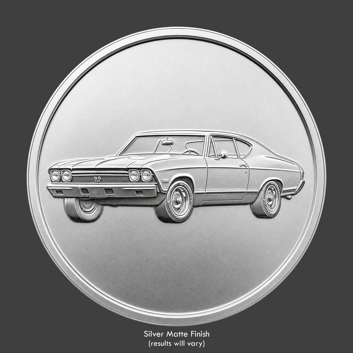 A silver finished, resin sculpted coin of a Chevelle SS