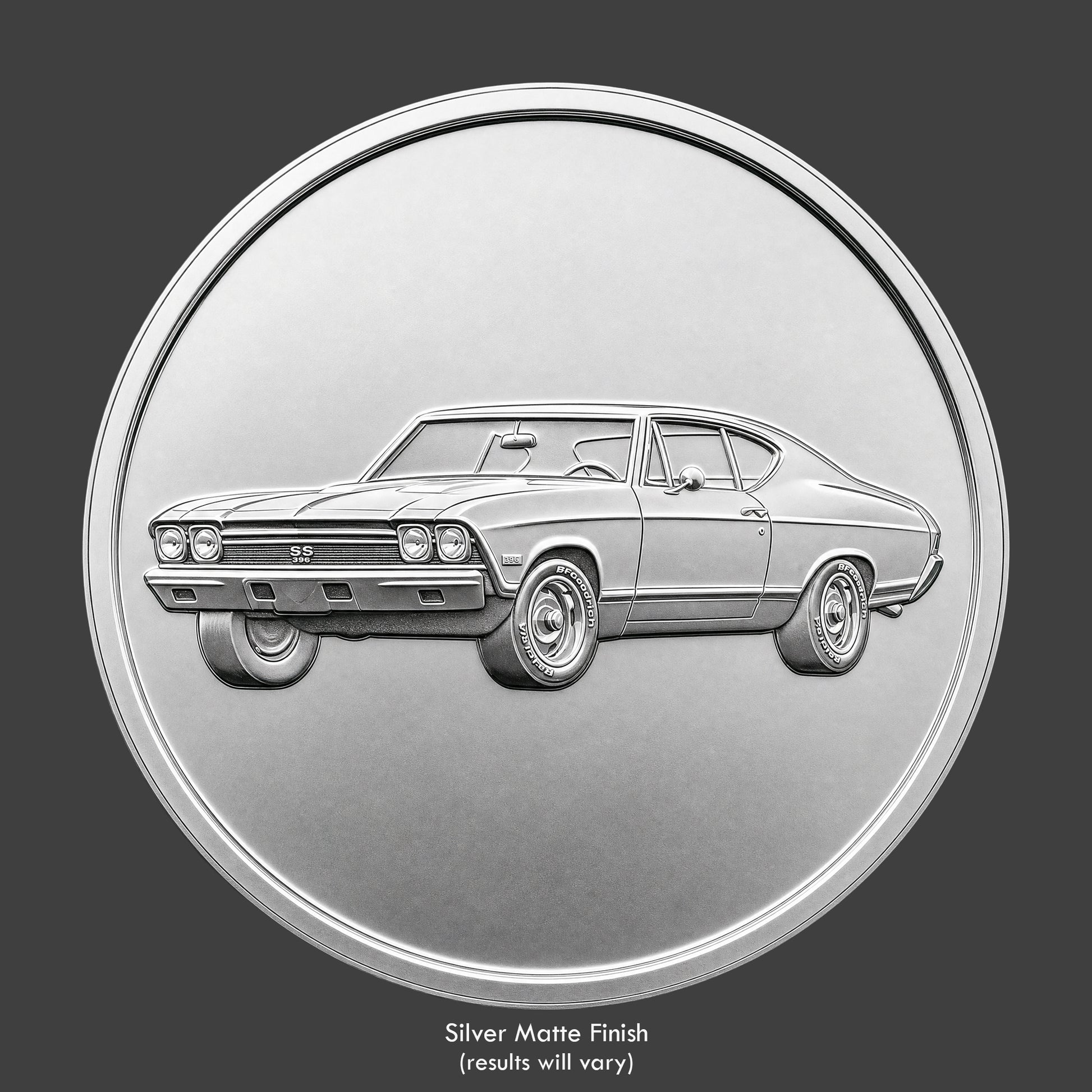 A silver finished, resin sculpted coin of a Chevelle SS