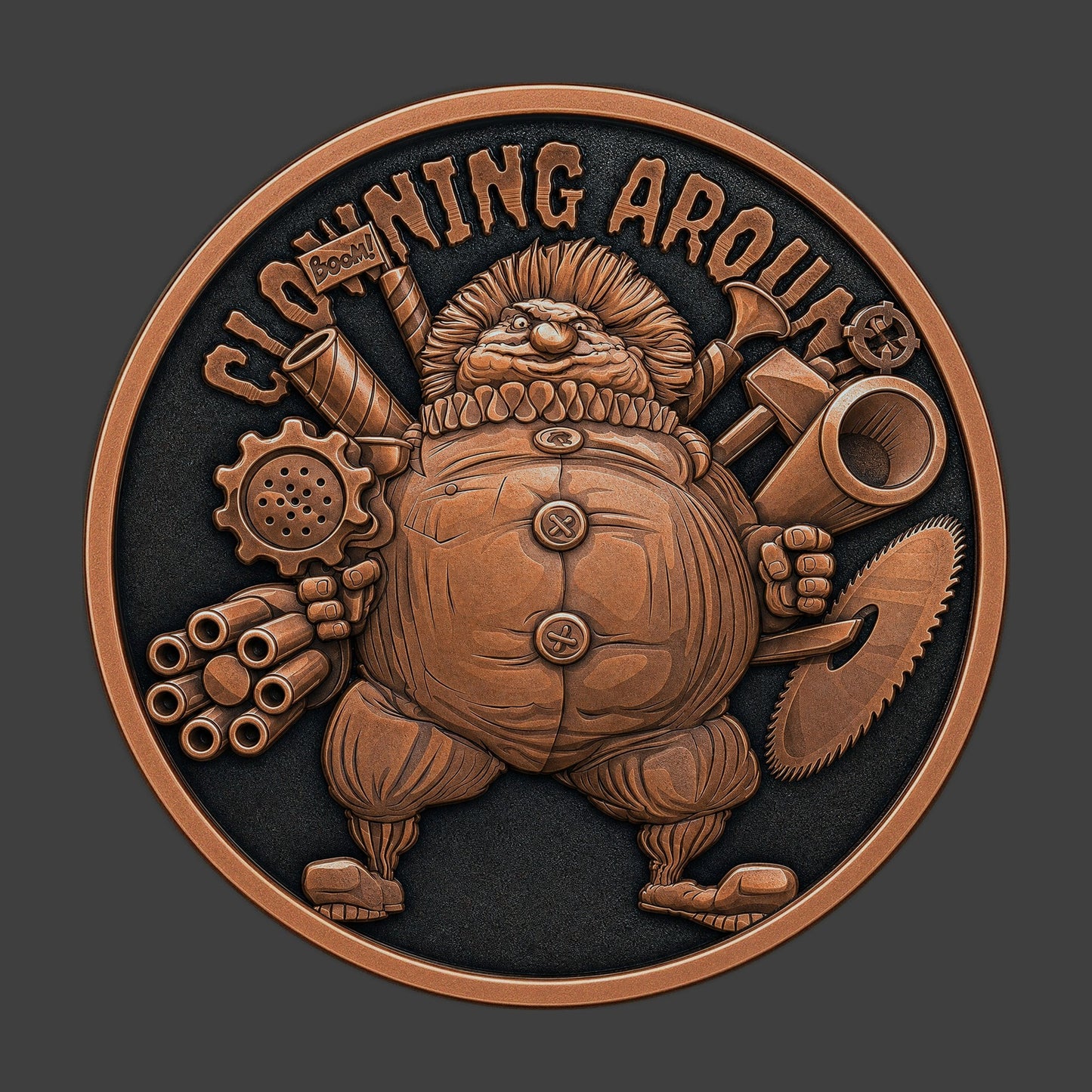 A copper finished, resin sculpted coin of a scary clown