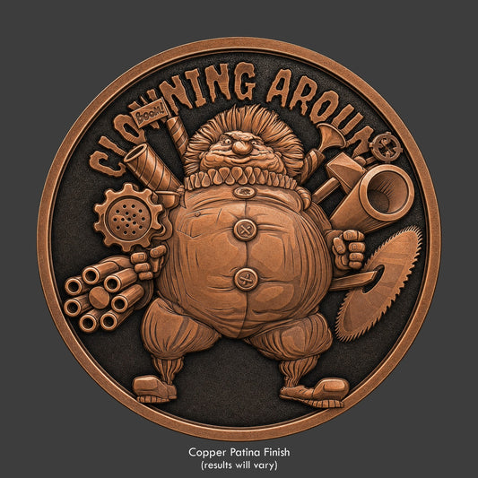 A copper finished, resin sculpted coin of a scary clown