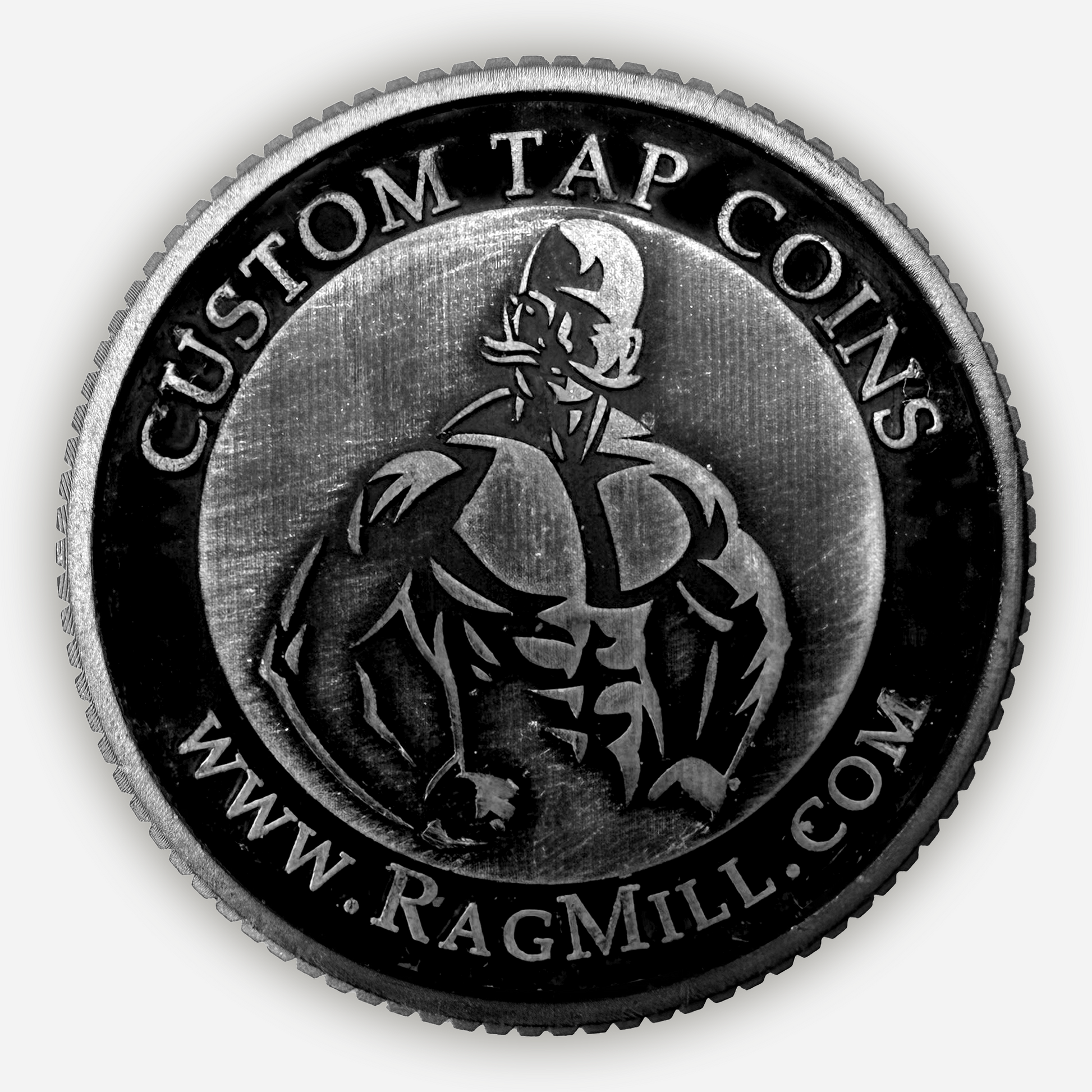 Custom Tap Coins with coin w/www.RagMill.com and Pewter text