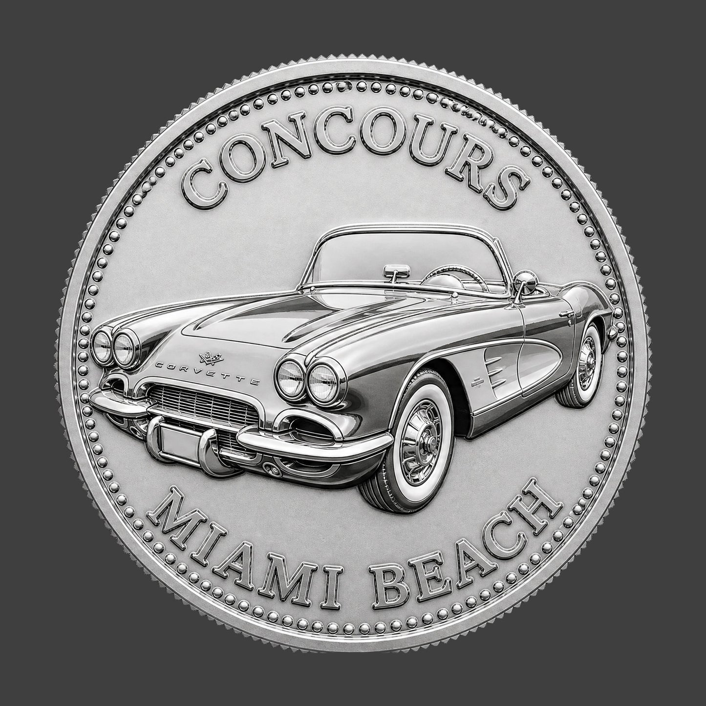 A special invitation coin for a concours event with a Corvette on it