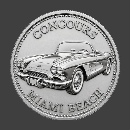 A special invitation coin for a concours event with a Corvette on it