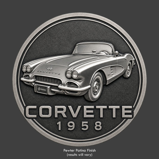 A pewter finished, resin sculpted coin of a 1958 convertible Corvette