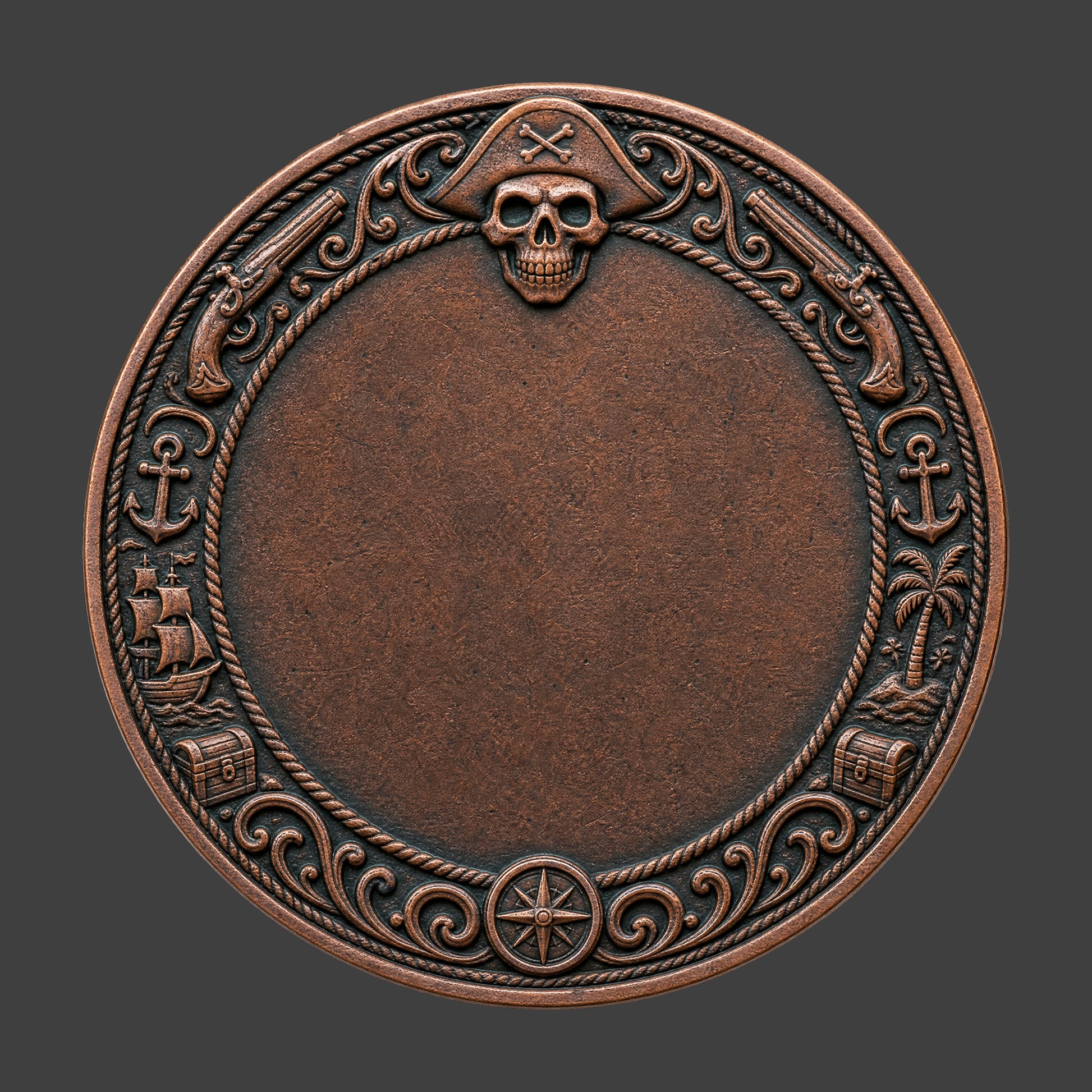 A copper patina pirate themed coin