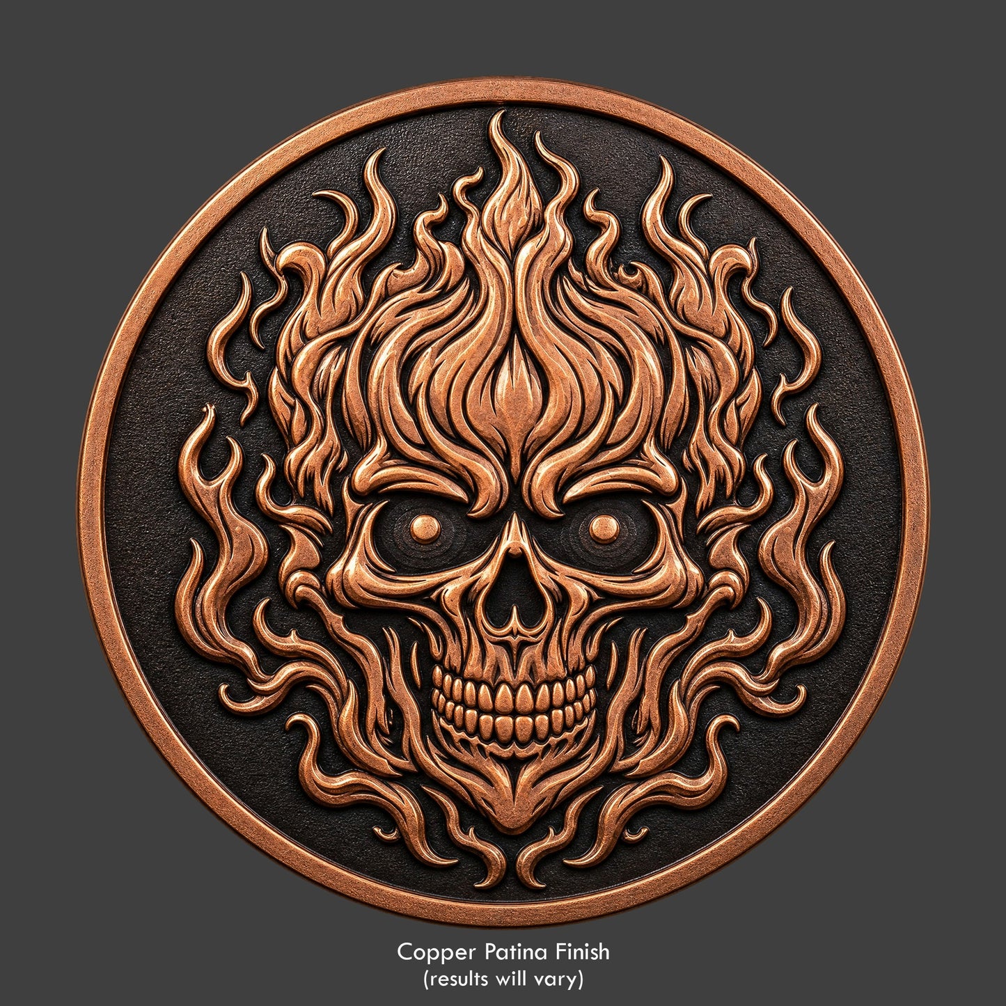 A copper finished, resin sculpted coin of a flaming skull