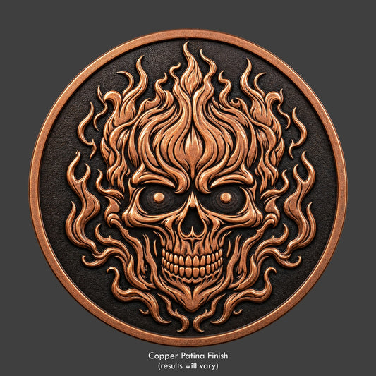 A copper finished, resin sculpted coin of a flaming skull