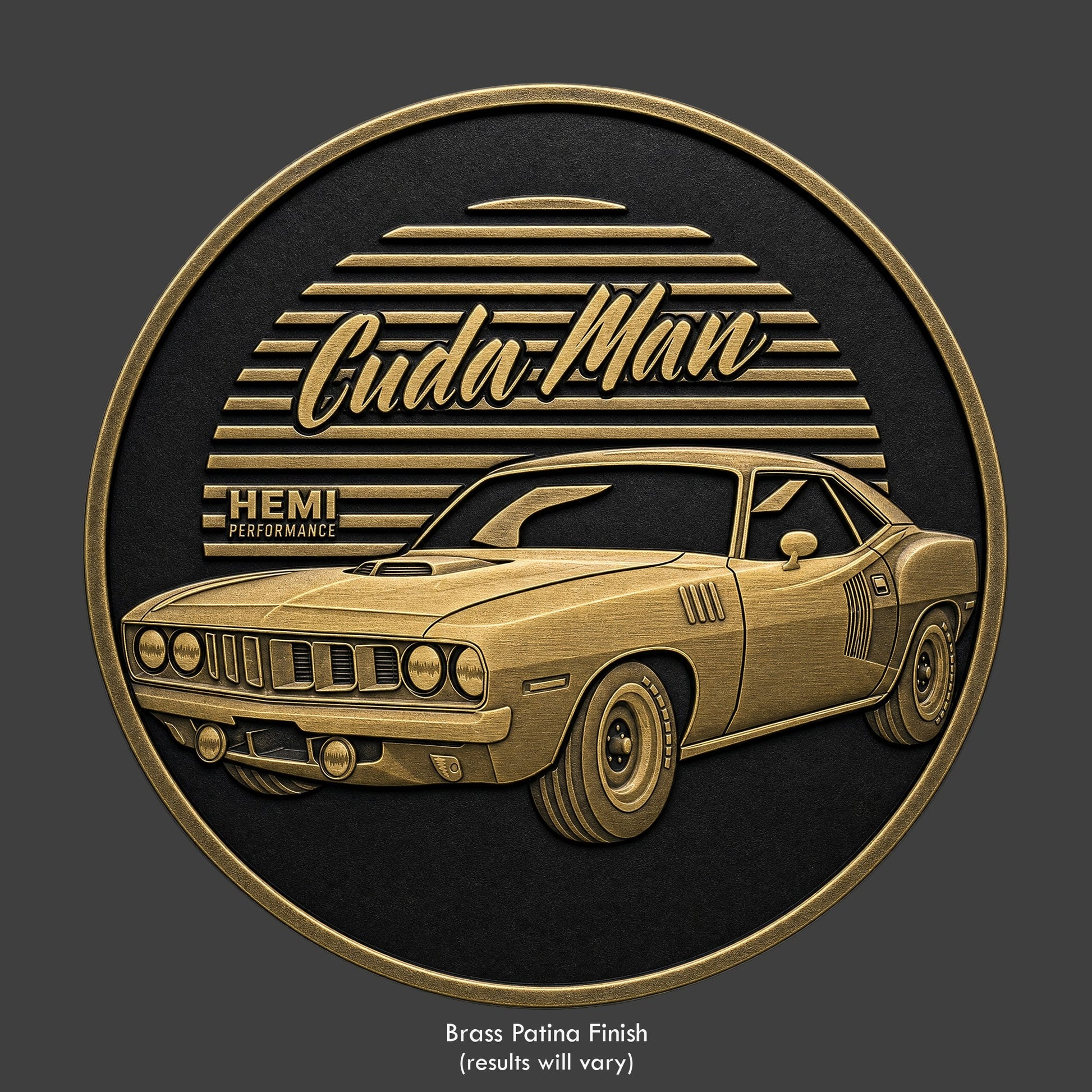 A brass finished, resin sculpted coin of a Barracuda car