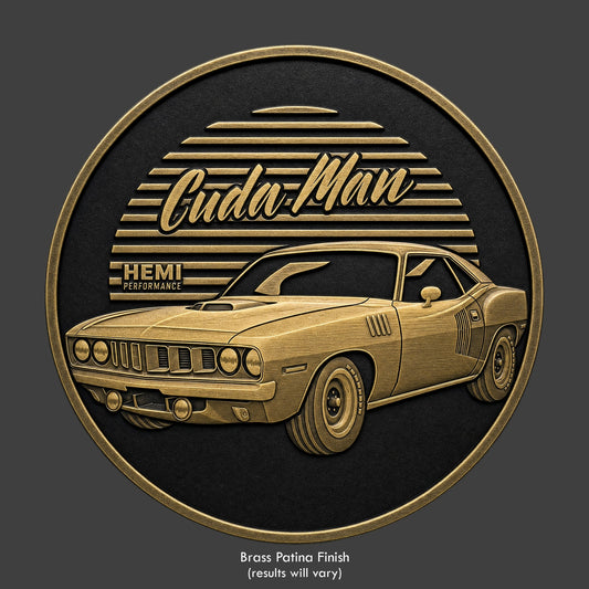 A brass finished, resin sculpted coin of a Barracuda car