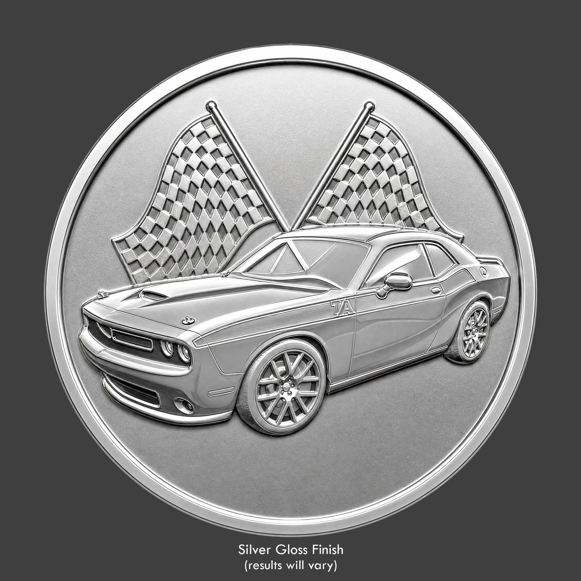 A silver finished, resin sculpted coin of a Dodge Challenger TA