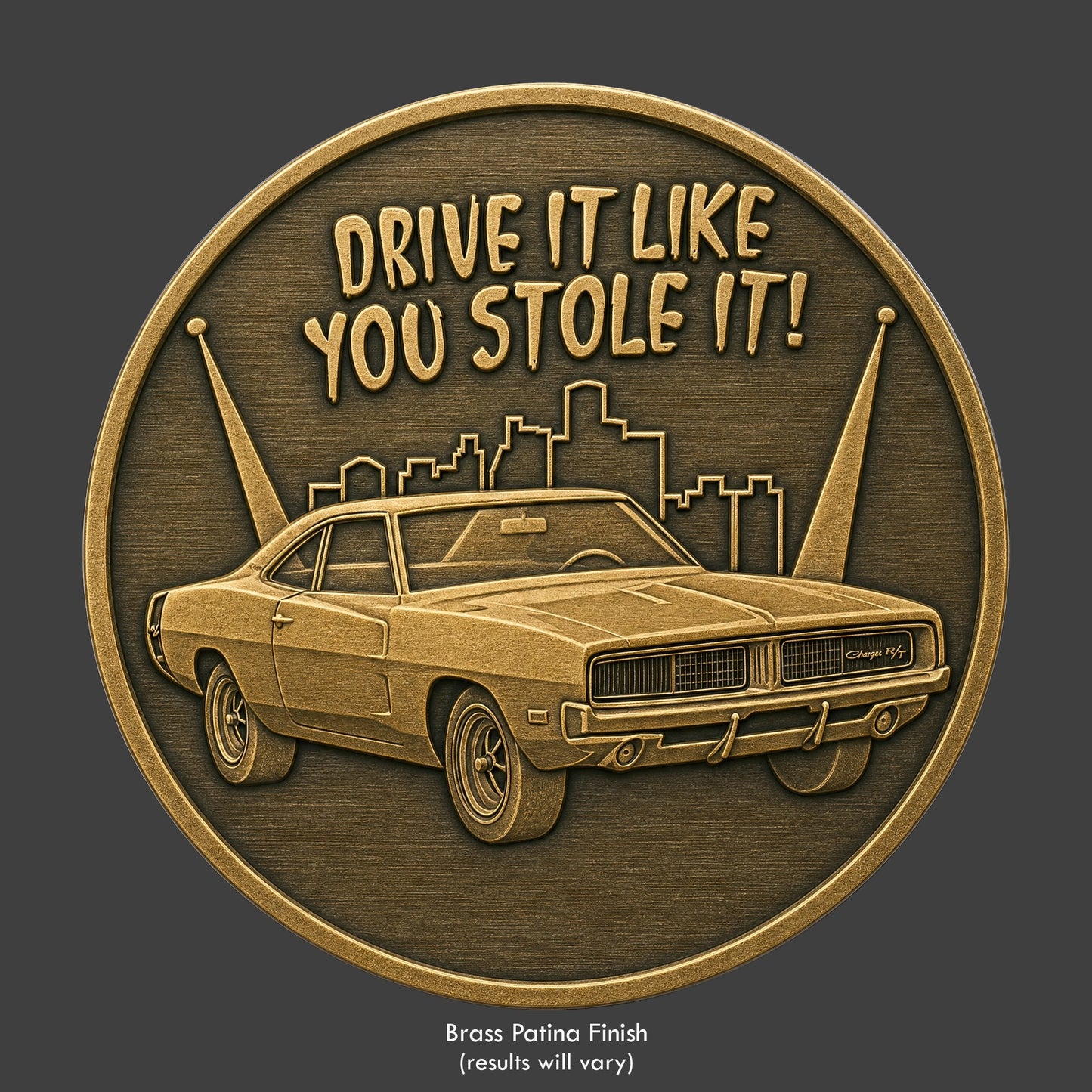 A Dodge Charger RT muscle car on a silver coin