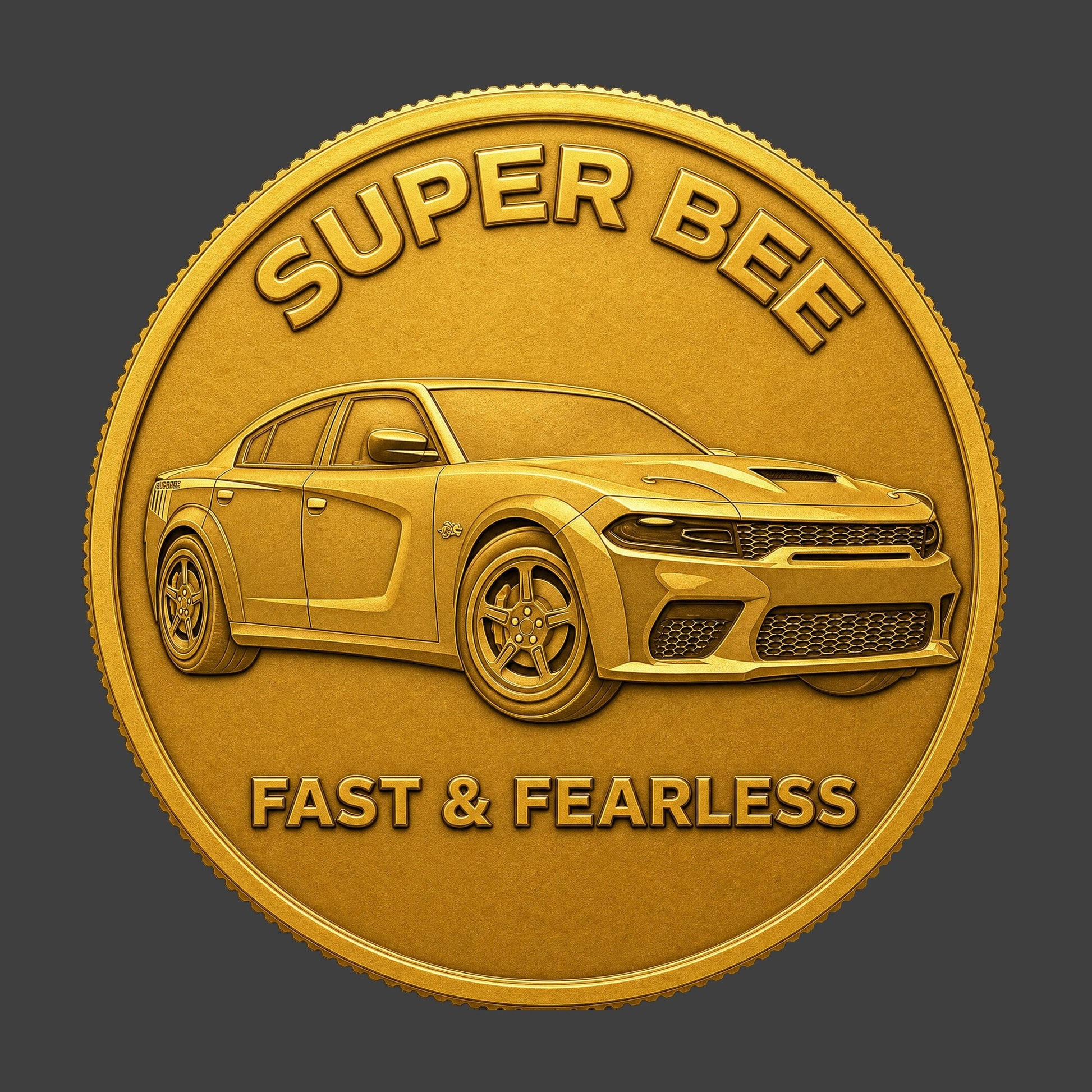 A gold finished resin sculpted coin of a Dodge Charger Super Bee