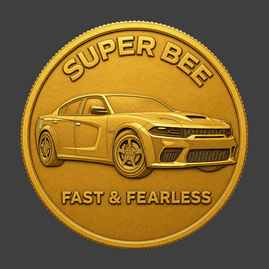 A gold finished resin sculpted coin of a Dodge Charger Super Bee