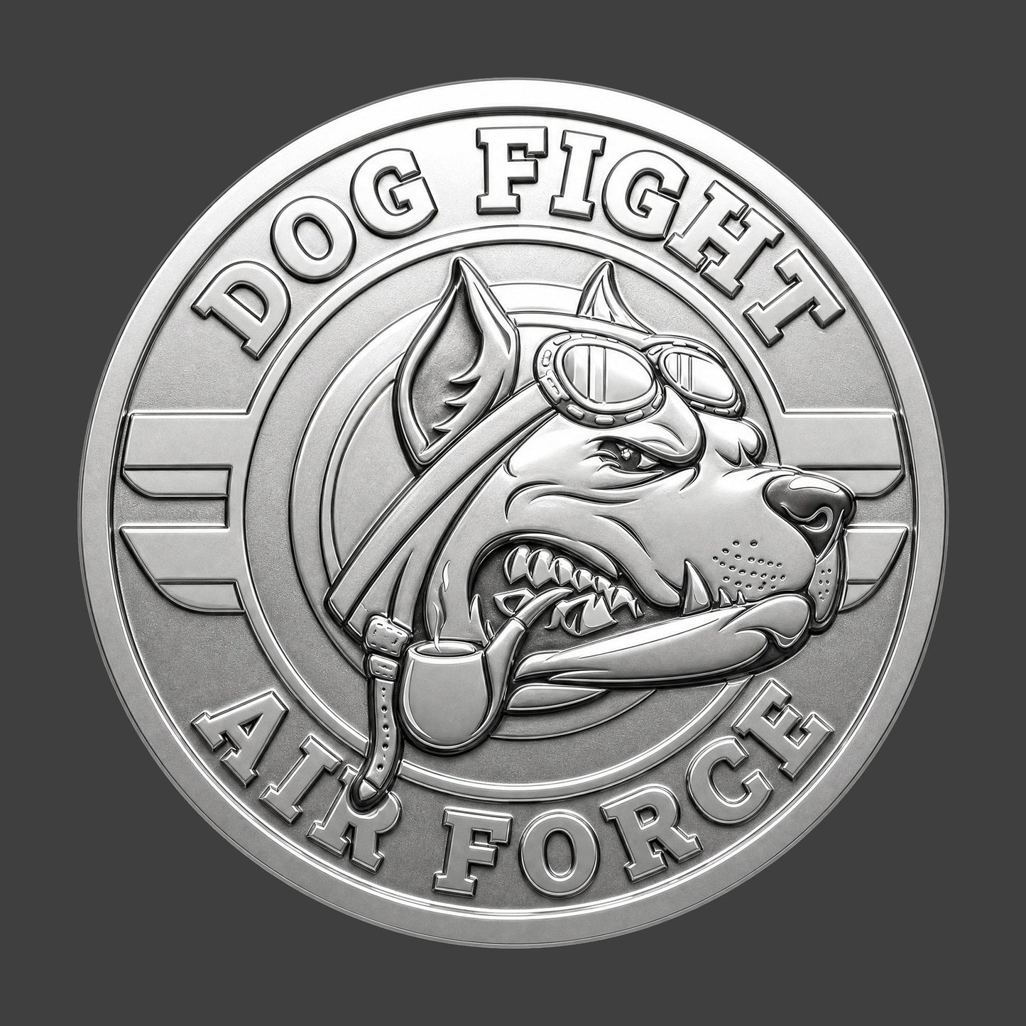 A silver finished, resin sculpted coin of a dog wearing aviation goggles