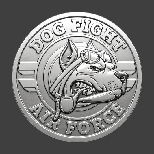A silver finished, resin sculpted coin of a dog wearing aviation goggles