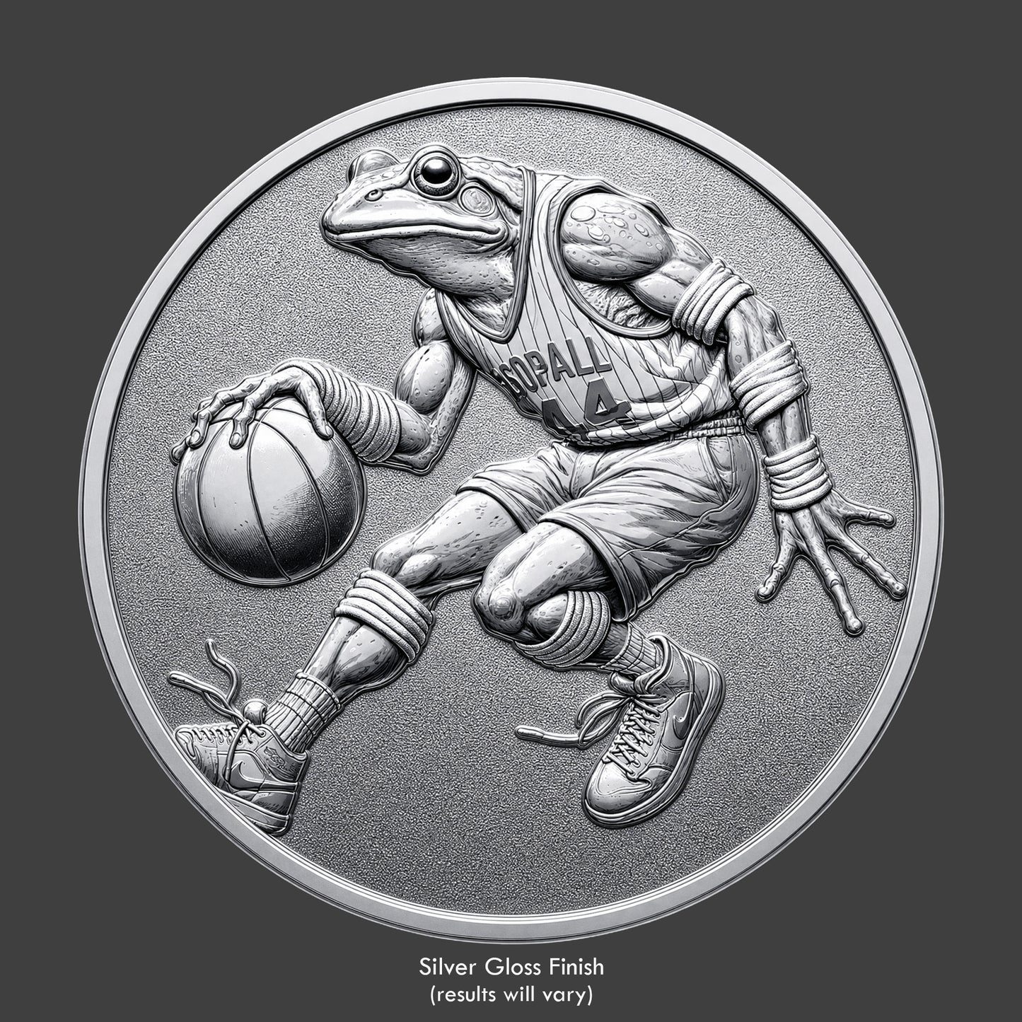 A silver finished, resin sculpted coin of a basketball playing frog