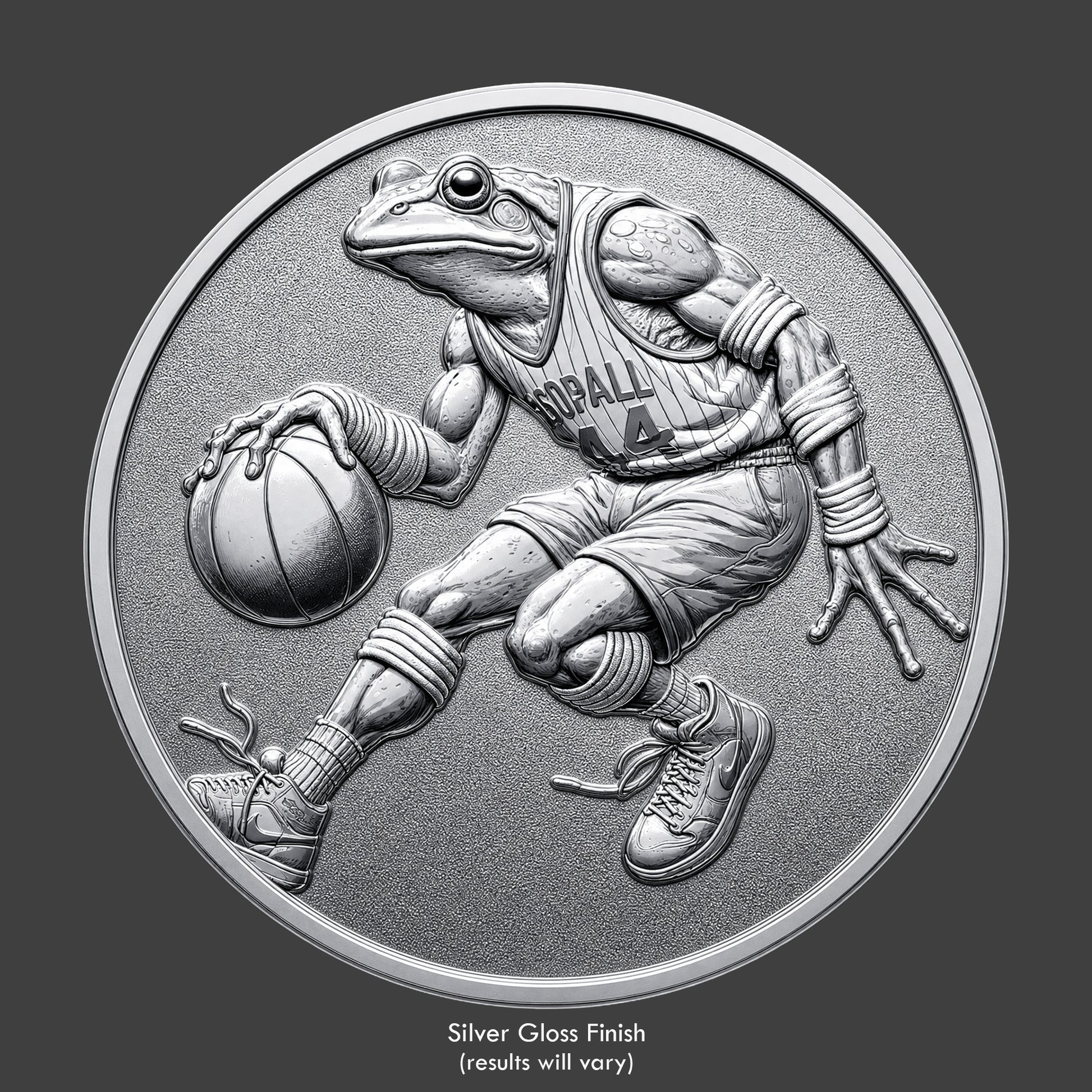 A silver finished, resin sculpted coin of a basketball playing frog