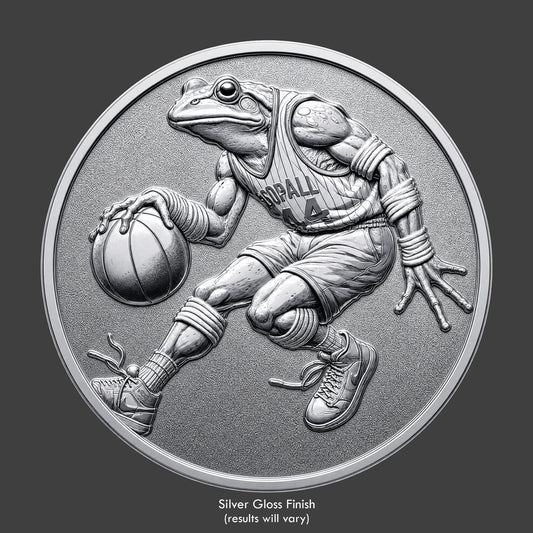 A silver finished, resin sculpted coin of a basketball playing frog