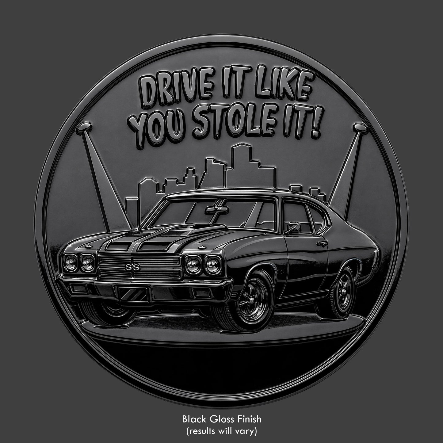 A black Chevelle SS, resin sculpted coin of a helicopter chase