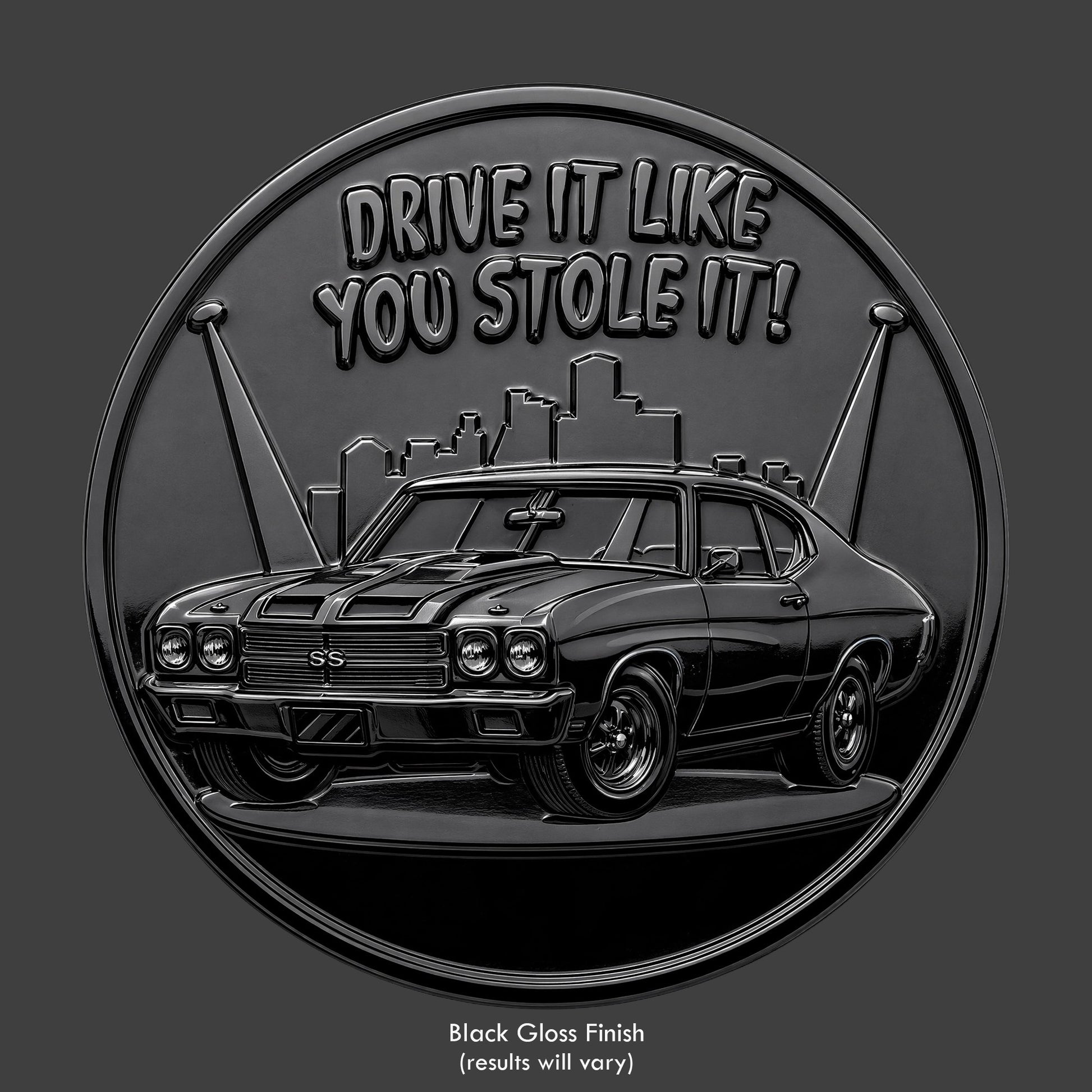A black Chevelle SS, resin sculpted coin of a helicopter chase
