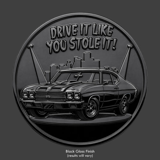 A black Chevelle SS, resin sculpted coin of a helicopter chase