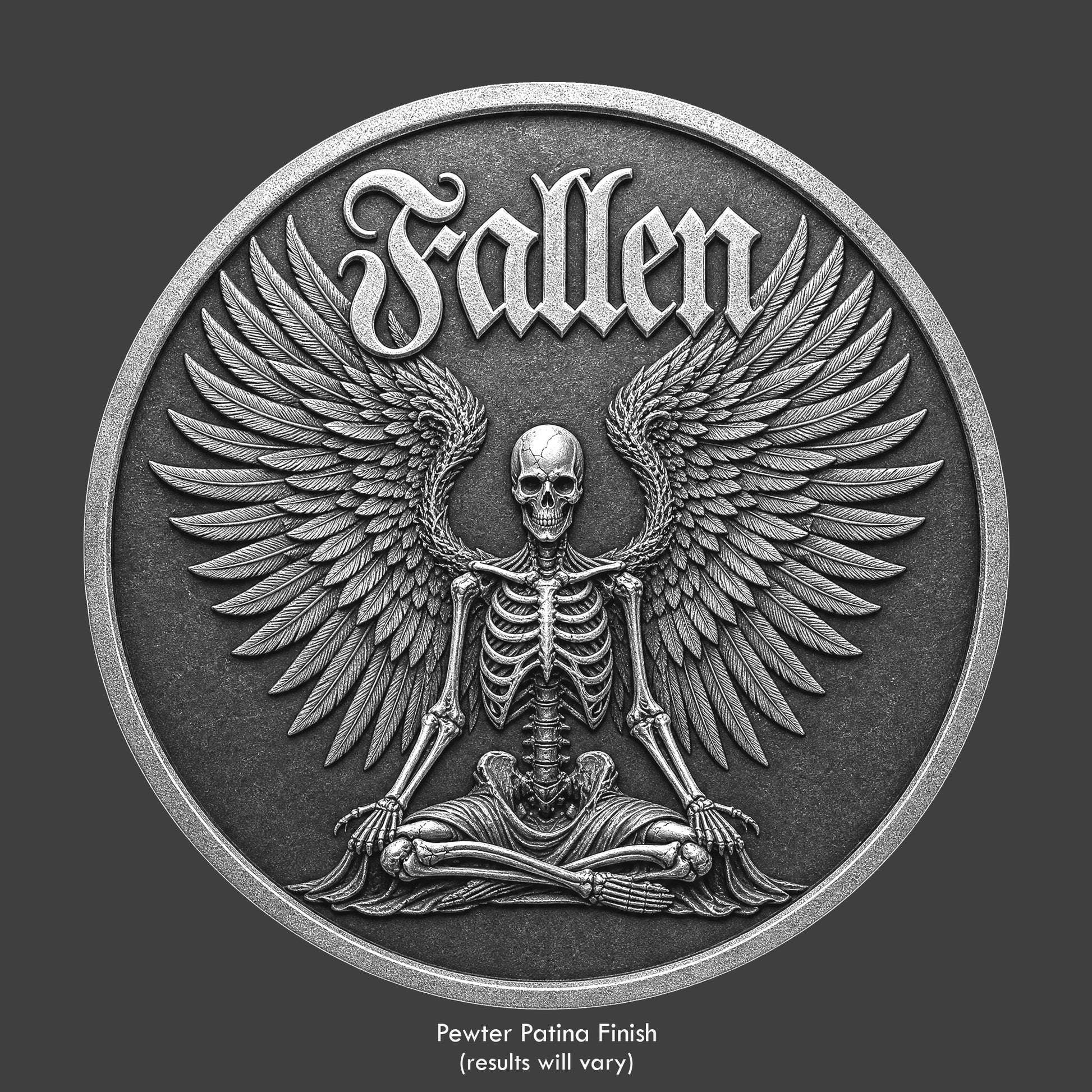 A silver finished, resin sculpted coin of a fallen angel